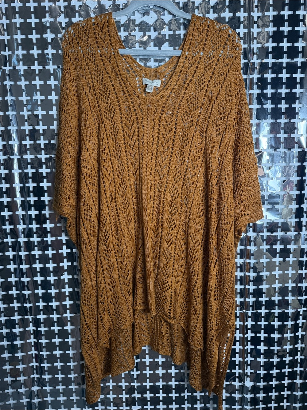 See U Soon Open-Knit V-Neck Poncho Sweater in Rust Orange